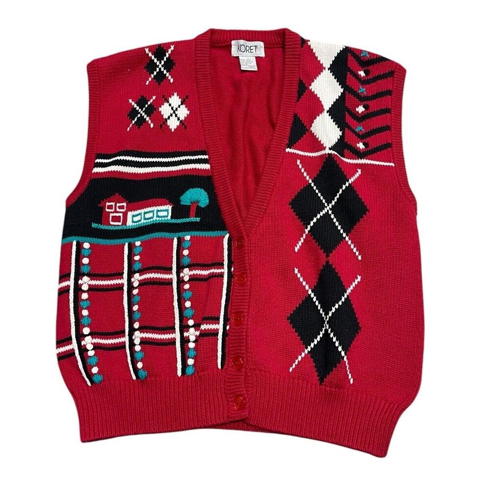 Vtg Koret Knit Sweater Vest Red Argyle Cottagecore Grandma Art Wear Size XL